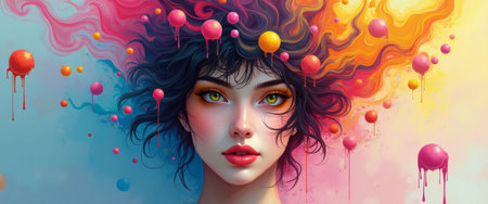 This stunning portrait features a woman with striking, colorful hair that flows like a vibrant explosion of paint. Her expressive eyes and soft features draw viewers in, while the playful splashes of color around her evoke a sense of creativity and joy.の素材