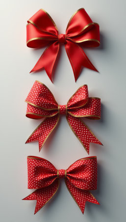 A stunning display of three beautifully crafted red bows, each adorned with golden edges, creates a festive and cheerful atmosphere. Perfect for adding a touch of elegance to gifts, these bows evoke feelings of joy and celebrationの素材