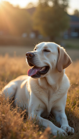 A joyful golden retriever lounges in a sunlit field, exuding happiness and contentment. The soft golden grass and warm sunlight create a serene atmosphere, perfect for this playful pups relaxationの素材