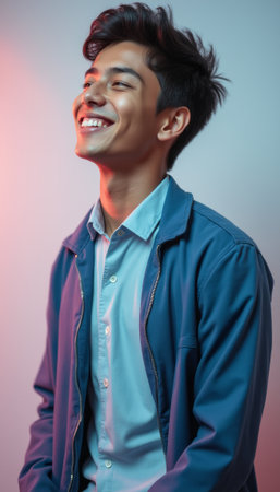 A cheerful young man with dark hair beams with happiness, illuminated by a soft gradient of pink and blue light. His infectious smile radiates positivity, inviting viewers to share in his joyful momentの素材