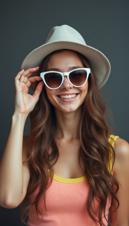 A cheerful young woman with long, wavy hair wears trendy sunglasses and a stylish hat, exuding confidence and happiness. Her vibrant outfit and bright smile create an inviting atmosphere, perfect for summer vibes and fun adventuresの素材