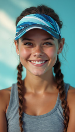 A bright and cheerful young girl with braided hair beams with joy, showcasing her vibrant personality against a soft blue background. Her sporty visor adds a playful touch, perfect for outdoor activities and summer funの素材