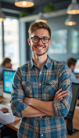 A cheerful young man with glasses stands confidently in a vibrant office, showcasing a friendly demeanor. His plaid shirt and warm smile create an inviting atmosphere, perfect for teamwork and collaborationの素材