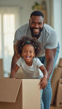 A cheerful father and his young daughter are playfully pushing a cardboard box, radiating happiness in their new home. Their laughter fills the air, symbolizing love and the excitement of new beginningsの素材