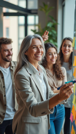 A confident woman leads a vibrant brainstorming session, surrounded by a diverse group of smiling colleagues. The atmosphere is filled with creativity and collaboration, as colorful sticky notes adorn the glass wall, showcasing innovative ideasの素材