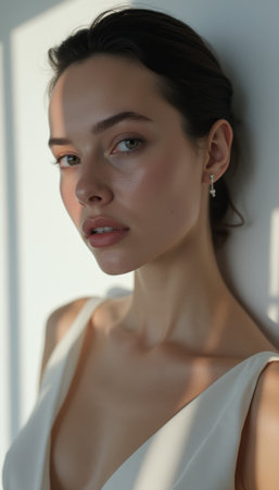 A stunning portrait of a woman with flawless skin, illuminated by gentle light, exudes grace and beauty. Her serene expression and delicate features create an atmosphere of elegance and sophisticationの素材