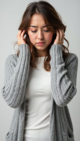 A young woman with long hair, wearing a cozy gray sweater, appears distressed as she holds her head in her hands. This poignant image captures the raw emotion of anxiety, inviting empathy and understandingの素材