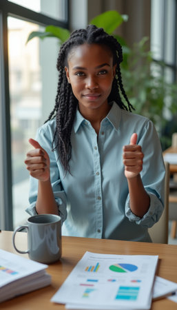 A confident young Black woman sits at a desk, smiling and giving a thumbs up, surrounded by charts and a coffee mug. Her positive energy radiates success and motivation, making this image perfect for business and empowerment themesの素材
