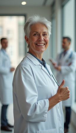 A cheerful elderly woman in a white lab coat smiles brightly while giving a thumbs-up, embodying positivity and professionalism in a modern medical setting. Behind her, two male doctors engage in conversation, creating a collaborative atmosphere filled with hope and careの素材