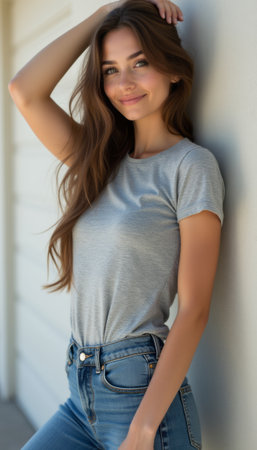 A cheerful young woman with long, flowing hair poses confidently against a light wall, radiating warmth and positivity. Her casual gray t-shirt and fitted jeans create a relaxed vibe, inviting viewers to share in her joyful momentの素材