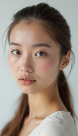 A stunning young woman gazes softly at the camera, her natural beauty accentuated by a gentle glow and minimal makeup. Her serene expression and flawless skin evoke a sense of calm and confidence, inviting admirationの素材