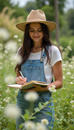 A cheerful young woman in a straw hat smiles as she writes in her notebook, surrounded by lush greenery and delicate white flowers. This serene scene captures the essence of creativity and connection with nature, inviting inspiration and tranquilityの素材
