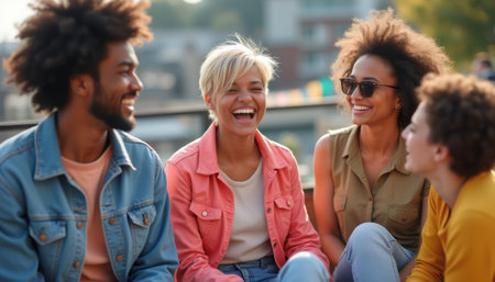 A group of four diverse friends, radiating happiness, enjoy a sunny day together, exchanging smiles and laughter. Their vibrant personalities shine through, creating an atmosphere of warmth and camaraderie that invites others to join in the joyの素材