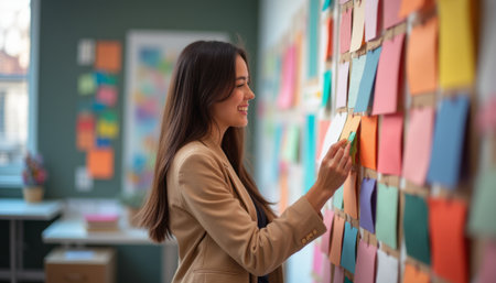 A cheerful woman with long hair smiles as she arranges vibrant sticky notes on a wall, creating an inspiring workspace. This lively scene captures the essence of creativity and organization, showcasing the joy of bringing ideas to lifeの素材