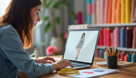 A focused young woman is designing a stylish outfit on her laptop, surrounded by vibrant fabric rolls and art supplies. This creative scene captures the essence of fashion innovation and artistic expression in a lively workspaceの素材