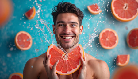 A cheerful young man beams as he holds a juicy grapefruit, water splashing around him in a vibrant, refreshing scene. This lively image captures the essence of fun and vitality, inviting viewers to embrace a healthy lifestyleの素材