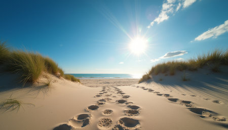 A tranquil beach scene unfolds as footprints meander through soft sand, guiding the way to the sparkling ocean. The warm sunlight bathes the landscape, evoking feelings of peace and adventure in natures embraceの素材