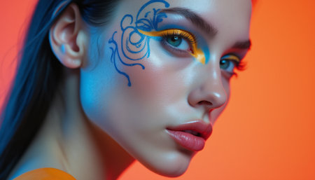 A stunning close-up of a young woman showcases vibrant face paint in blue and yellow, set against a bold orange background. Her captivating gaze and artistic expression evoke a sense of creativity and individuality, celebrating modern beautyの素材