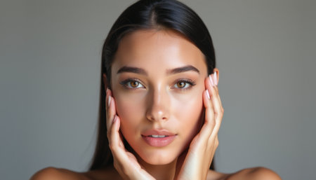 A beautiful young woman with long dark hair gently cradles her face, showcasing her flawless skin and expressive eyes. This intimate portrait radiates confidence and allure, inviting viewers to connect with her serene beautyの素材