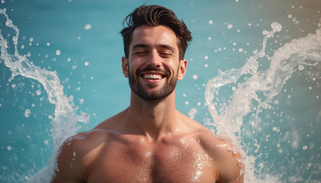 A handsome man with a charming smile joyfully splashes water in a vibrant blue pool, radiating happiness and vitality. This lively scene captures the essence of summer fun and carefree moments, inviting viewers to embrace joy and relaxationの素材