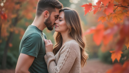 A loving couple stands close, foreheads touching, surrounded by the warm hues of autumn leaves. Their intimate connection radiates warmth and affection, capturing the essence of romance in natures embraceの素材