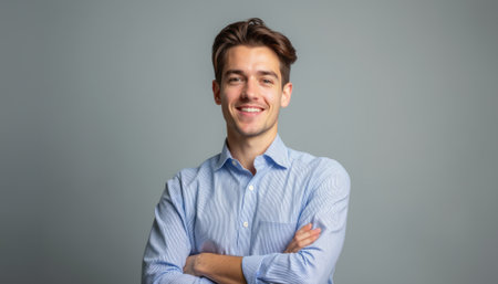A cheerful young man stands confidently with his arms crossed, exuding positivity and self-assurance against a soft gray background. His bright smile and relaxed posture create an inviting atmosphere, perfect for conveying professionalism and approachabilityの素材