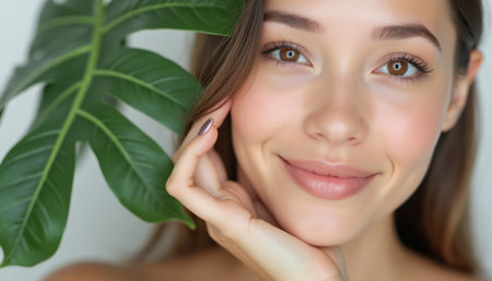 A radiant young woman with glowing skin gently touches her face while holding a lush tropical leaf, exuding natural beauty and serenity. Her warm smile invites a sense of calm and connection to nature, making this image perfect for wellness and beauty themesの素材