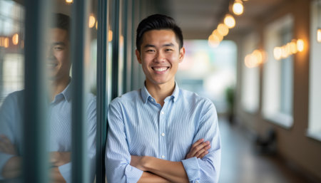 A cheerful young Asian man stands confidently with his arms crossed, reflecting positivity in a stylish, well-lit hallway. His bright smile and relaxed posture create an inviting atmosphere, perfect for showcasing professionalism and approachabilityの素材