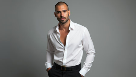 A striking man stands confidently in a crisp white shirt and tailored black pants, radiating charm and sophistication. His poised demeanor and stylish look create an atmosphere of elegance and allure, perfect for fashion and lifestyle themesの素材