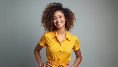 A joyful young woman with curly hair smiles radiantly while wearing a vibrant yellow dress, exuding warmth and positivity. Her confident pose and bright attire create an uplifting atmosphere, perfect for showcasing happiness and self-expressionの素材