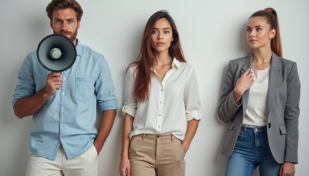A dynamic trio of diverse professionals stands poised for action, showcasing confidence and collaboration. With a megaphone in hand, the man leads the charge, while the women exude determination and focus, embodying teamwork and ambitionの素材