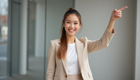 A cheerful young Asian woman in a stylish beige suit confidently points to the side, radiating positivity and professionalism. Her bright smile and poised demeanor create an inviting atmosphere, perfect for showcasing success and ambition in a corporate settingの素材