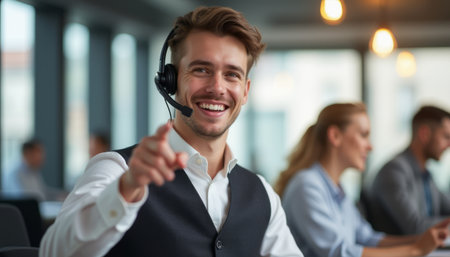 A smiling young man in a headset exudes positivity while assisting clients in a modern office environment. His friendly demeanor and professional attire create an inviting atmosphere, perfect for effective communication and teamworkの素材