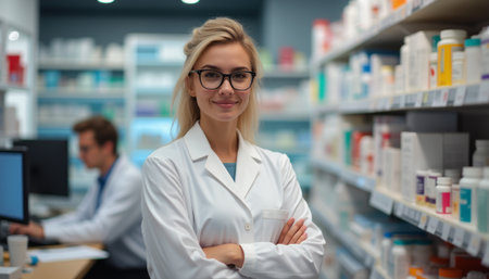 A poised female pharmacist stands confidently in a well-organized pharmacy, surrounded by shelves of colorful medication. Her professional demeanor and the bustling background create an atmosphere of trust and expertise in healthcareの素材