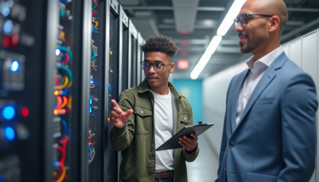 In a modern data center, a young Black man in casual attire explains server configurations to a confident man in a suit. Their collaboration highlights the importance of teamwork and expertise in technologyの素材