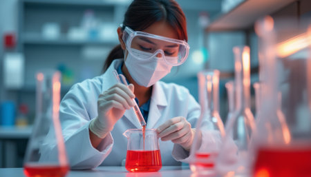 A dedicated female scientist, wearing protective gear, meticulously mixes a vibrant red solution in a laboratory filled with glassware. This image captures the essence of scientific exploration and innovation, highlighting the meticulous nature of research and discoveryの素材