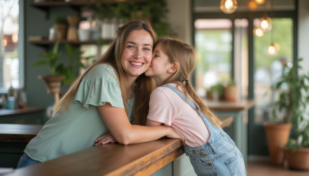 A smiling mother and her young daughter share a heartwarming kiss on the cheek in a cozy cafe setting. This delightful scene radiates love and connection, showcasing the bond between a woman and her little girl in a warm, inviting atmosphereの素材