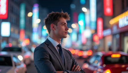 A stylish young man in a tailored suit stands confidently amidst a bustling city street illuminated by colorful neon lights. His poised demeanor reflects ambition and determination, capturing the essence of urban life and modern professionalismの素材