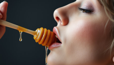 A close-up of a beautiful woman delicately tasting honey from a wooden dipper, her lips glistening with sweetness. This intimate moment captures the allure of indulgence and the rich, golden texture of honey, evoking feelings of pleasure and temptationの素材