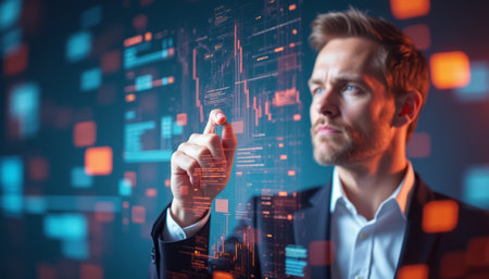 A focused businessman in a sleek suit engages with a futuristic digital interface, showcasing vibrant data visualizations. This dynamic scene captures the essence of innovation and technology, highlighting the intersection of human intellect and digital advancementの素材
