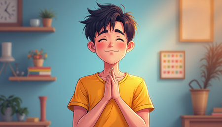 A joyful young boy with dark hair smiles brightly, hands pressed together in a gesture of gratitude against a warm, inviting background. His expression radiates happiness and appreciation, capturing a moment of pure joy and positivityの素材