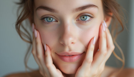 This stunning close-up features a young woman with mesmerizing blue eyes and a soft, natural glow. Her gentle expression and delicate hands framing her face evoke a sense of beauty and serenity, inviting viewers to connect with her calm demeanorの素材