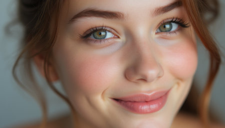 A beautiful young woman with striking green eyes and a gentle smile radiates warmth and positivity. Her flawless skin and soft curls enhance the inviting atmosphere, making this image perfect for conveying joy and confidenceの素材