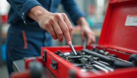 A focused workers hand meticulously arranges various tools inside a vibrant red toolbox, showcasing craftsmanship and attention to detail. This image captures the essence of dedication and precision in a workshop environment, where every tool plays a vital role in creating and fixingの素材