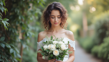 A beautiful bride stands gracefully in a lush garden, cradling a bouquet of delicate white roses. The soft sunlight filters through the greenery, creating a romantic and tranquil atmosphere perfect for a wedding celebrationの素材