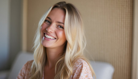 A cheerful young woman with long, flowing blonde hair beams with joy, radiating positivity and warmth. Her captivating smile invites connection, embodying happiness and confidence in a serene settingの素材