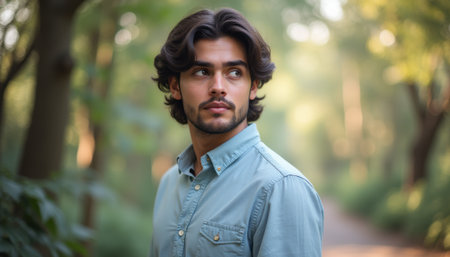 A handsome young man with wavy hair gazes thoughtfully into the distance, surrounded by lush greenery in a tranquil forest. His contemplative expression evokes a sense of peace and introspection, inviting viewers to reflect on their own thoughtsの素材