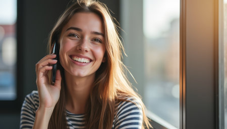 A radiant young woman with long hair smiles brightly while chatting on her phone, capturing a moment of joy and connection. The warm sunlight streaming through the window enhances the inviting atmosphere, making it a perfect snapshot of happiness and communicationの素材
