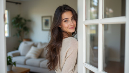A cheerful young woman with flowing hair leans against a doorway, radiating warmth and joy in a cozy living room setting. Her inviting smile and relaxed posture create a welcoming atmosphere, perfect for capturing the essence of home and happinessの素材