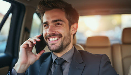 A cheerful young man in a sharp suit is engaged in a phone conversation while seated in a stylish car. His bright smile radiates confidence and success, capturing a moment of professional connection and positivityの素材